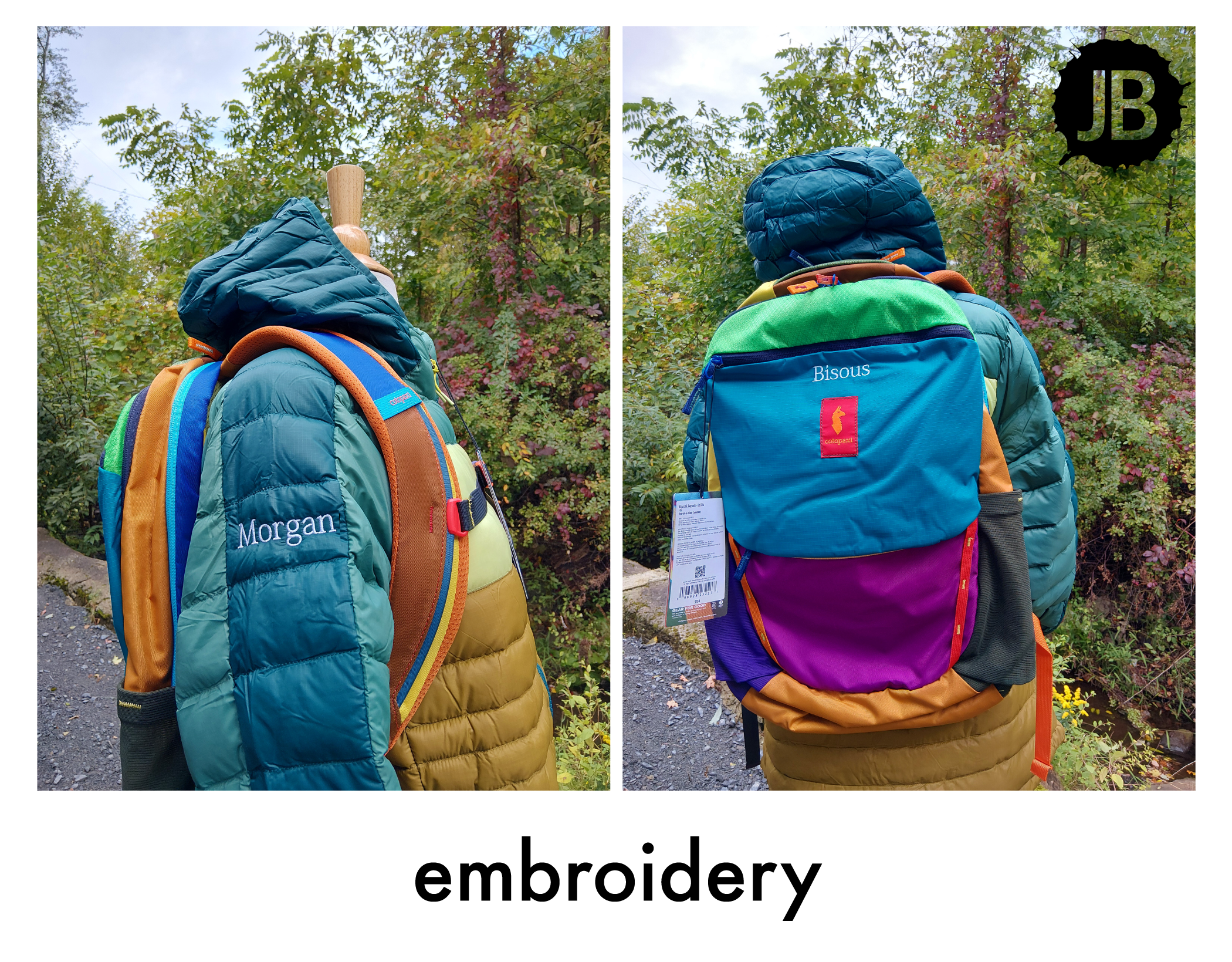 Personalized customer-supplied jacket and backpack with embroidered names for corporate employee gifts