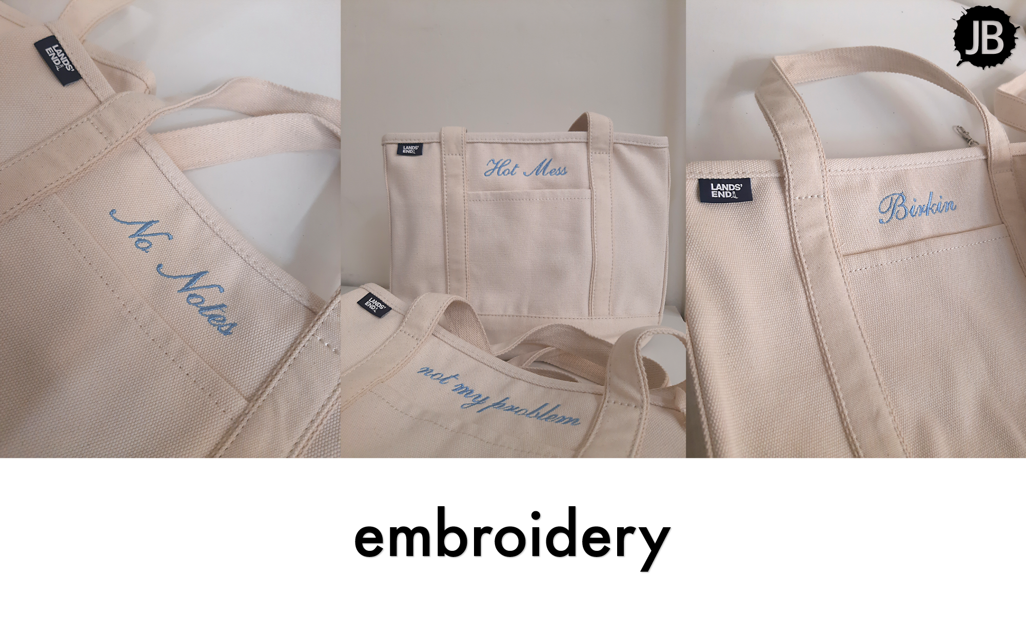 Personalized embroidery on Lands End canvas tote bags
