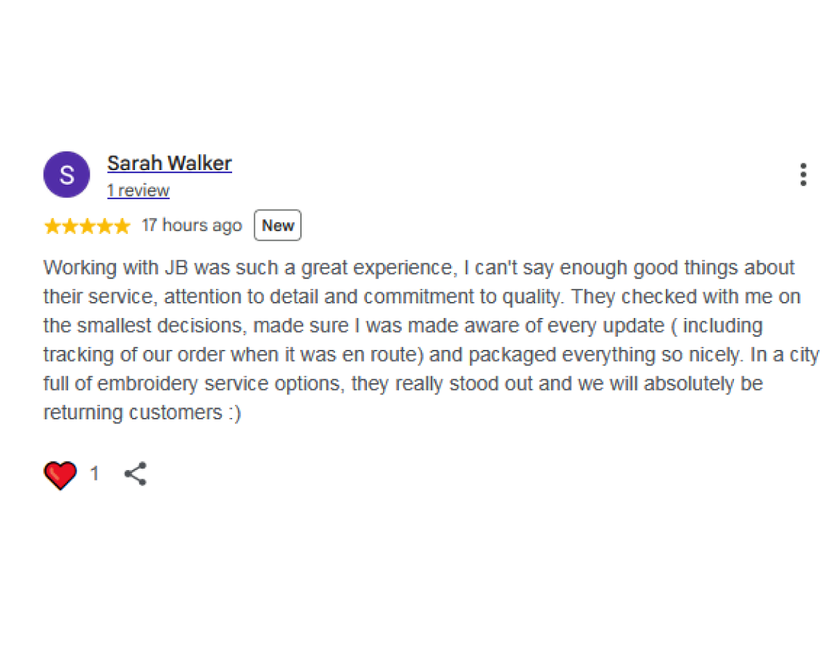 Customer review screenshot for JB Screen Printing & Embroidery screen printing and embroidery services